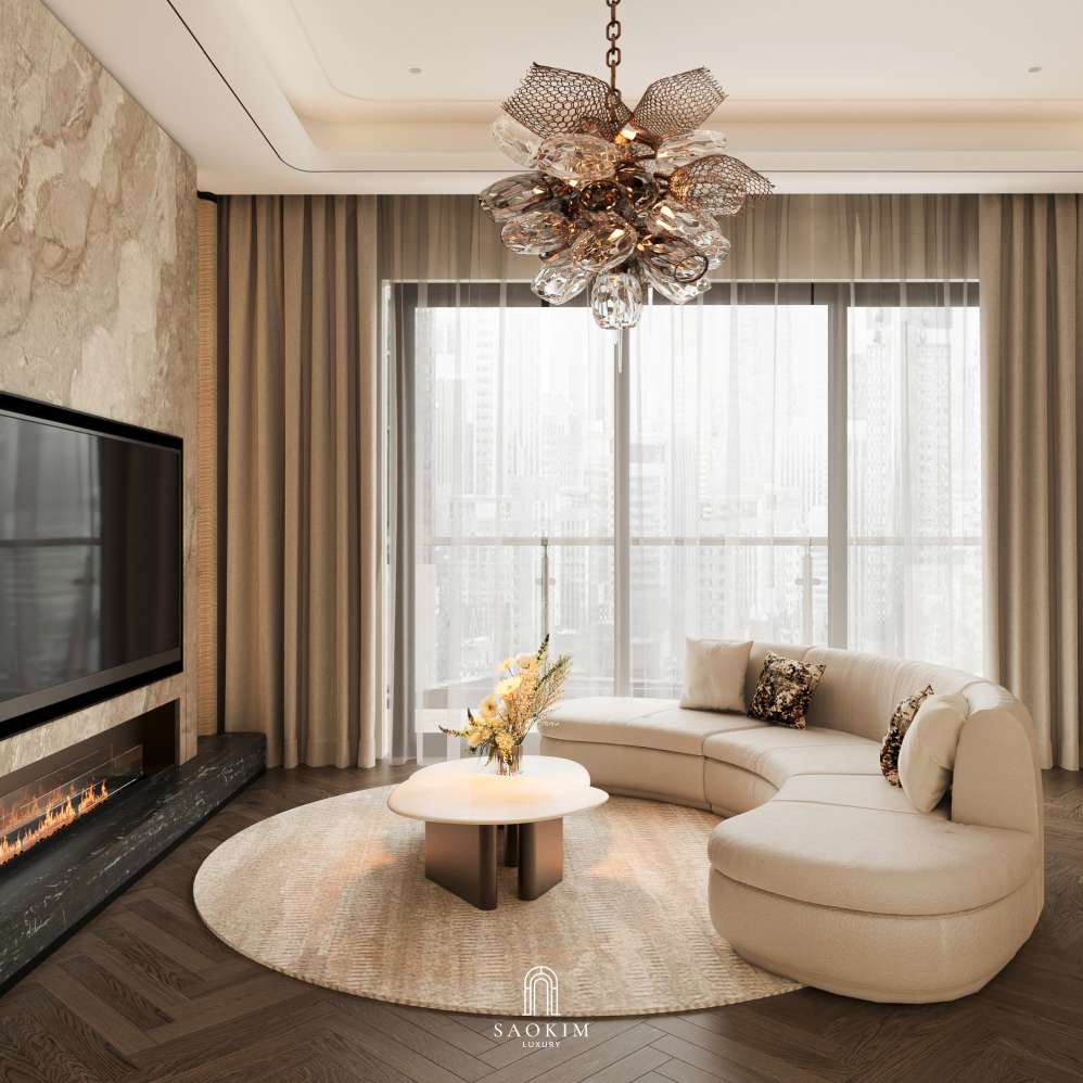 Thiết kế nội thất phòng khách chung cư cao cấp Lumière Evergreen phong cách Quiet Luxury - Vũ Điệu Vượt Thời Gian Của Ánh Sáng Và Chất Liệu